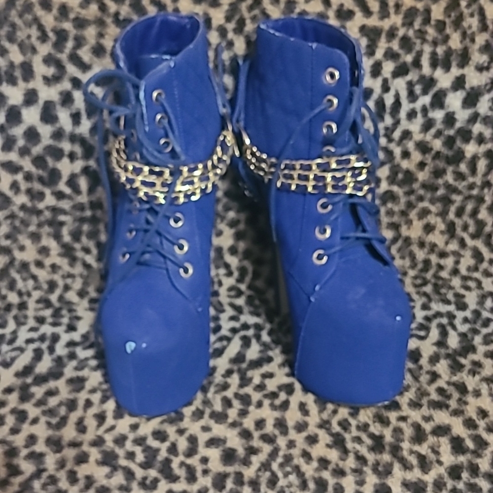 Blue Platform Ankle Boots with Gold Chain